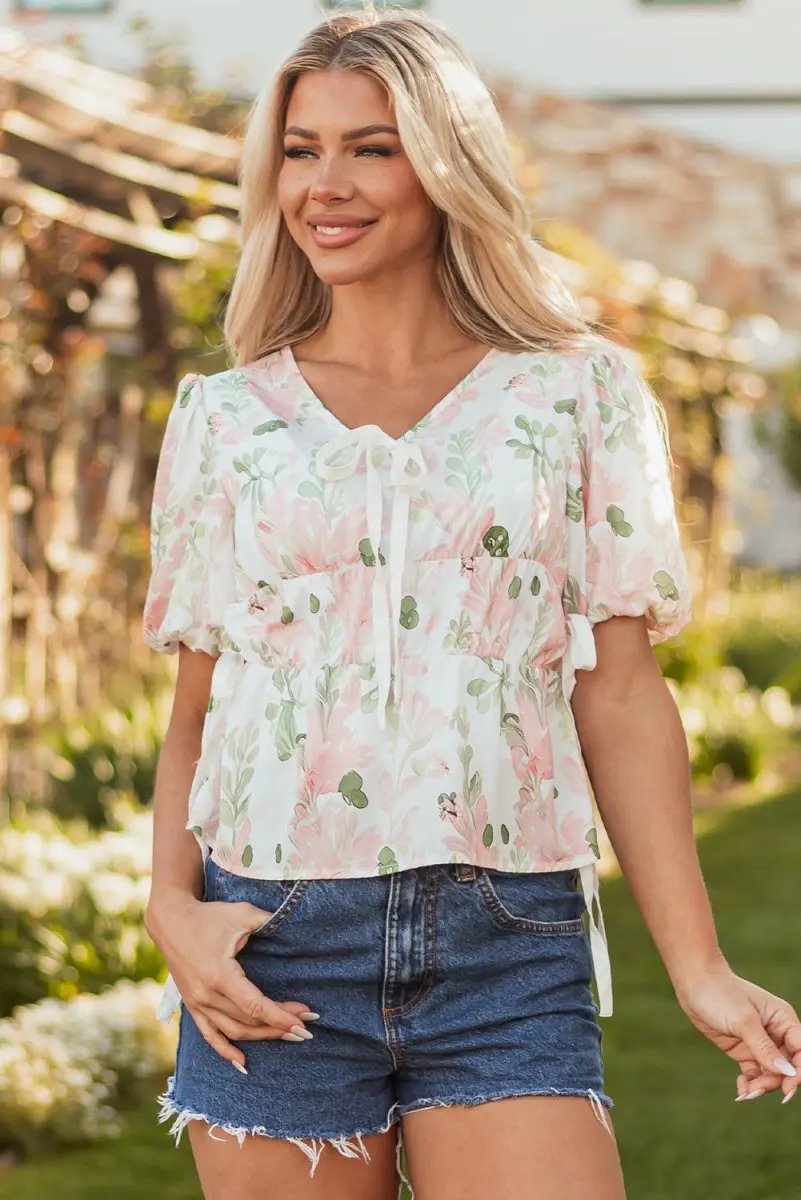 Pink Floral Puff Sleeve V Neck Tied Front Peplum Blouse - Love Salve